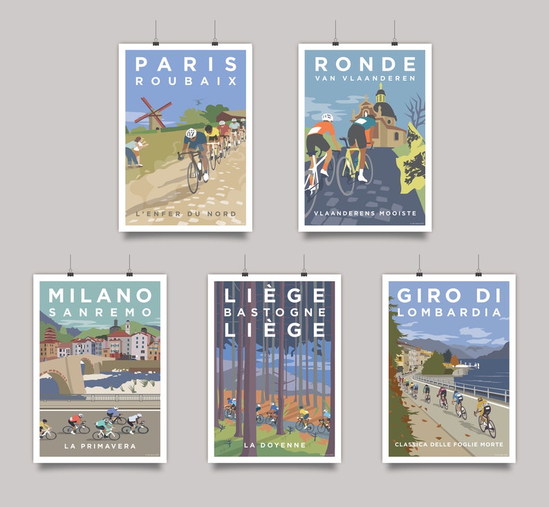 Set of 5 fine art prints depicting the  one-day cycle races known as the Cycling Monuments. These are Paris Roubaix, Ronde Van Vlaanderen (Tour of Flanders), Milan Sanremo, Liege Bastogne Liege and Giro di Lombardia (Ilombardia). Quality cycling art.