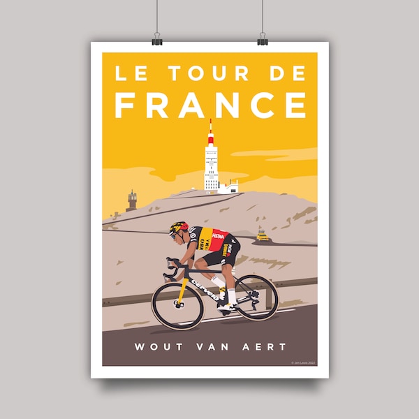 Impression cycliste du Tour de France - Wout Van Aert • Cycliste belge WVA Racing sur le Mont Ventoux • Oeuvre d'art affiche géante du cycle Visma