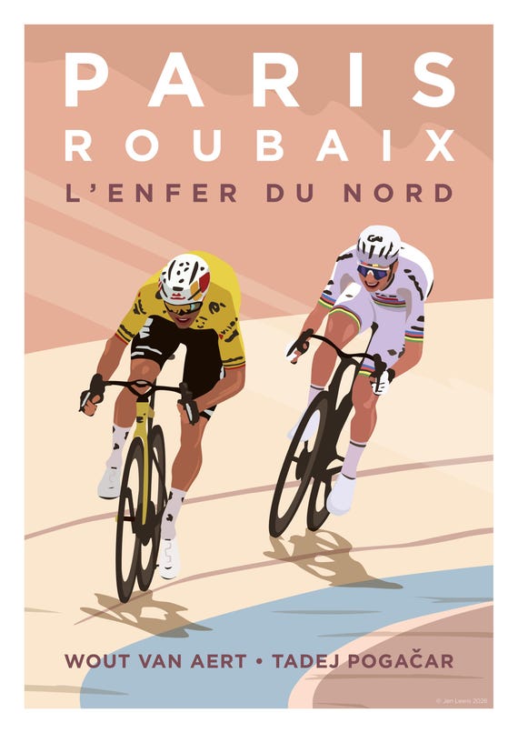 Paris Roubaix Art Print: Wout Van Aert and Tadej Pogačar 2026