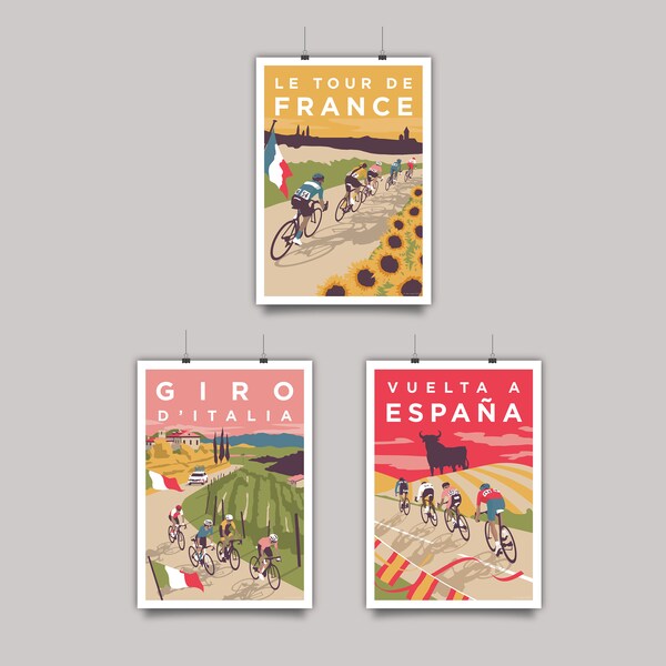 De Grand Tours-set - 3 wielerkunstafdrukken (10% korting) • Tour de France, Giro d'Italia en Vuelta a España • Giclée-kwaliteit wielerkunstafdrukken