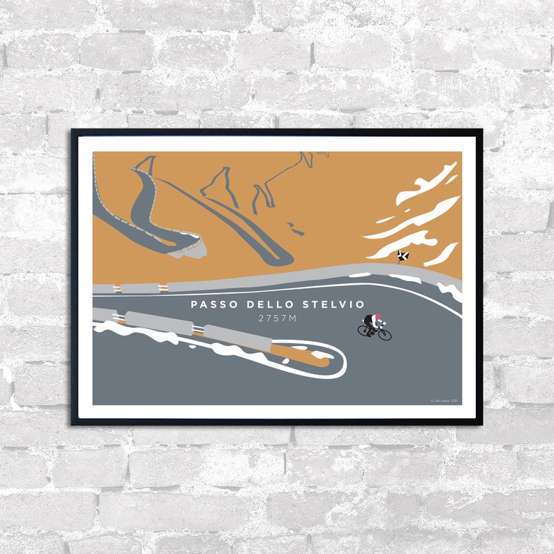 May include: Framed art print showing a stylized illustration of the Passo dello Stelvio, a famous mountain pass. The artwork depicts a cyclist on a winding road, with the text "Passo dello Stelvio 2757M". The colour palette includes shades of orange, grey, and white.