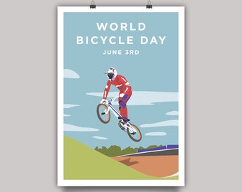 Wereldfietsdag - BMX Supercross fietsen print • BMX Supercross fietsen kunstposter aan de muur • Fietser springen illustratie artwork