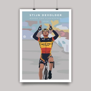 Stijn Devolder Ronde Van Vlaanderen illustration art print showing the cyclist winning the race with his hands in the air.