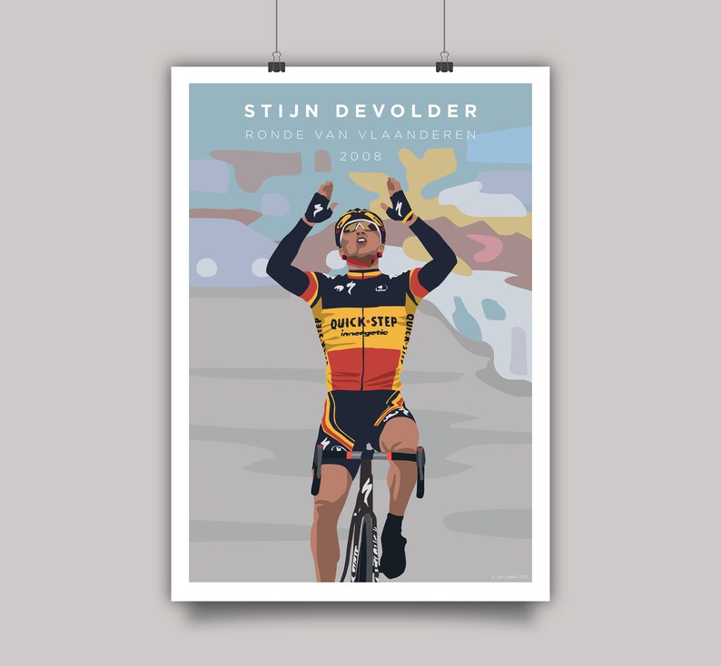 Stijn Devolder Ronde Van Vlaanderen illustration art print showing the cyclist winning the race with his hands in the air.