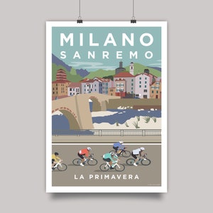 Milan San Remo poster style art print. Colourful illustration of riders competing at this one-day cycling race in Italy.