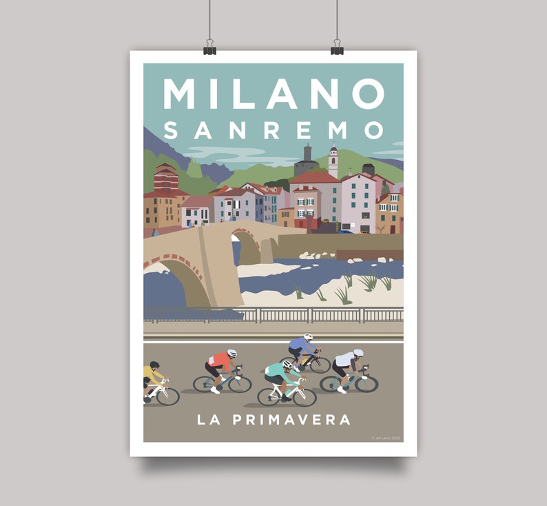 Milan San Remo poster style art print. Colourful illustration of riders competing at this one-day cycling race in Italy.