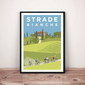 Strade Bianche Kunstdruck • Toskana Straßenradrennen Strade Bianche Kunstwerk • Italien Radfahrer, der über toskanische Landschaft läuft