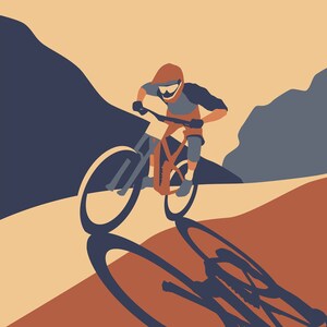 May include: A person wearing a helmet and riding a mountain bike downhill on a dirt path. The bike has a red frame and black wheels. The background is a brown and blue landscape.