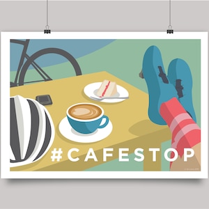 Cafe Stop Cycling Art Print • Gift for Cyclist • Colourful Bike Wall Art • Coffee Cake Cycle Art • Top Quality Giclee Bicycle Art Print