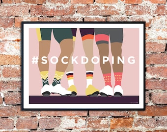 May include: A pink poster with four pairs of legs wearing colorful socks and shoes. The text "#SOCKDOPING" is printed in black at the bottom of the poster.