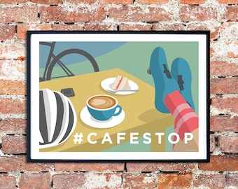 Cafe Stop Cycling Art Print: Coffee Cake Bicycle Giclee