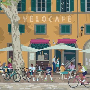 Detail of Vélo Café print showing cyclists who have stopped for a break and a female rider cycling past. Sun dappled European cafe environment illustration. Yellow wall with green shutters and pink awning.
