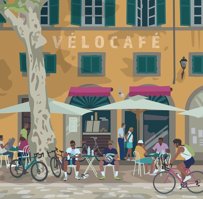 Detail of Vélo Café print showing cyclists who have stopped for a break and a female rider cycling past. Sun dappled European cafe environment illustration. Yellow wall with green shutters and pink awning.