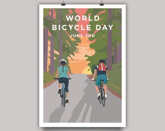 Wereldfietsdag - Rijden in de zonsondergang Fietsen Print • Paar fietsen Illustratie Art Poster • Fietser Motivatie Art Print