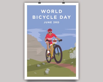 Wereldfietsdag - Mountainbike fietsen print • MTB illustratie artwork poster • Fietser rijdt op een mountainbike kunstprint aan de muur