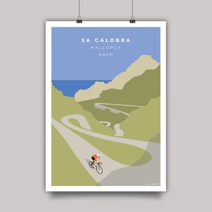 Poster style vintage wall art depicting a cyclist on the famous Mallorcan cycling climb Sa Calobra. The road snakes its way down to the ocean.