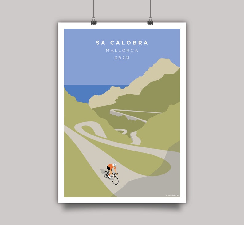 Poster style vintage wall art depicting a cyclist on the famous Mallorcan cycling climb Sa Calobra. The road snakes its way down to the ocean.
