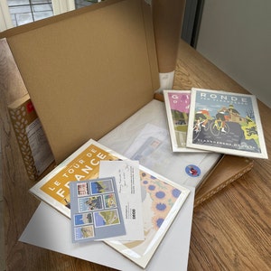 Example of packaging used by JensCyclingArt. Prints shown in plastic-free cello envelopes and tissue paper ready for packing into eco-friendly cardboard boxes, envelopes or postal tubes. Handwritten note from seller and free postcard included.