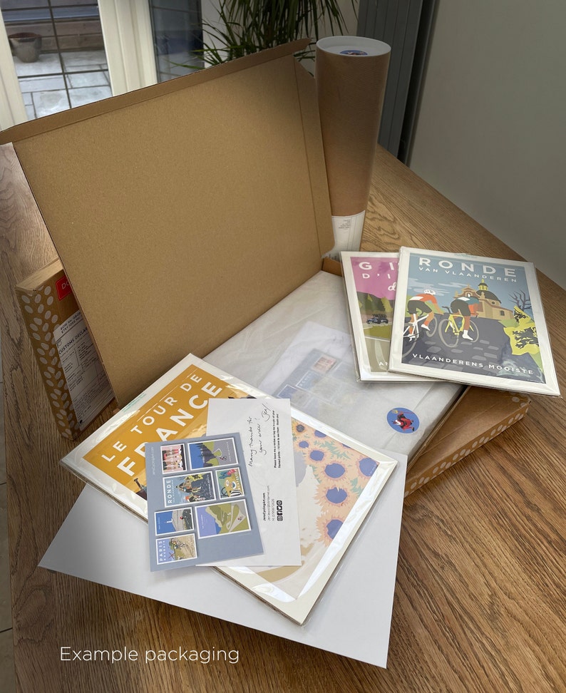 Example of packaging used by JensCyclingArt. Prints shown in plastic-free cello envelopes and tissue paper ready for packing into eco-friendly cardboard boxes, envelopes or postal tubes. Handwritten note from seller and free postcard included.