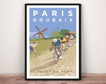 Może przedstawiać: Plakat w stylu vintage z niebieskim niebem, wiatrakiem i grupą kolarzy jadących po brukowanej drodze. Na plakacie widnieje napis "Paris Roubaix" i "L'Enfer du Nord".