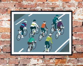 Fietsprint pelotonrenners • Kunstposter fietsers rijden in een bos • Kleurrijke fietsillustratieprint