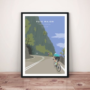 Puig Major - Mallorca fietsenprint • Mallorca wielrenner klimmen Puig Major-kunstwerk • Mallorca Cycle Art Print • Giclée kwaliteit muurkunstprint