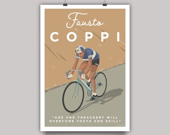 Fausto Coppi Cycling Print • Fausto Copy Cycling Legend Wall Art • Vintage Style Cyclist Artwork • Fausto Coppi Quote Cycle Art Print