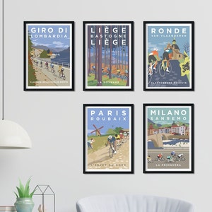 Komplettes Monument-Set (10% Rabatt) Radsportkunstdrucke • Paris Roubaix, Ronde Van Vlaanderen, Milan Sanremo, Liège Bastogne Liège, Il Lombardia