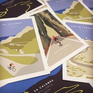 A photo of a selection of Mallorca cycling themed prints by Jen Lewis who sells on Etsy as JensCyclingArt.