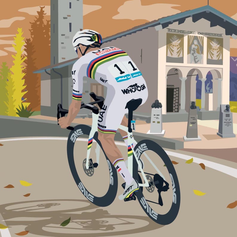 May include: A cyclist in a white and rainbow jersey with the number 11 on the back rides a white bicycle with black wheels. The cyclist is riding up a hill towards a building with a religious mural.