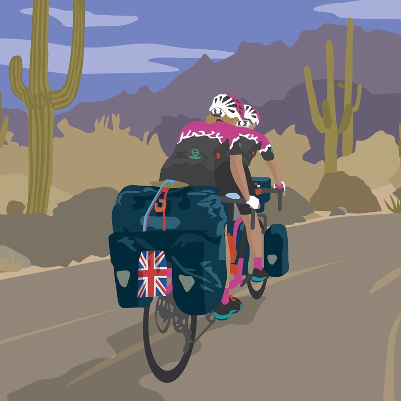 Close-up of TandemWoW Guinness World Record Holders Cycling Print showing the women tandem cyclists riding through a desert with cacti and mountains on their world record breaking challenge.