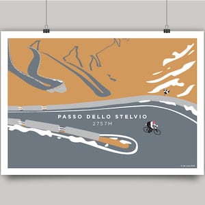Passo Dello Stelvio  - Almost at the Summit Cycling Print. Simplistic style mainly grey and mustard colour design, looking down on cyclist ascending the hairpin bends on Stelvio Pass in Italy.