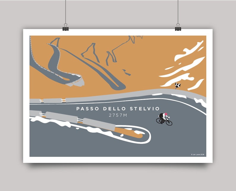 Passo Dello Stelvio  - Almost at the Summit Cycling Print. Simplistic style mainly grey and mustard colour design, looking down on cyclist ascending the hairpin bends on Stelvio Pass in Italy.