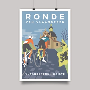 Ronde Van Vlaanderen poster style art print. Colourful cycling Illustration of riders on the Muur Van Geraardsbergen in Flanders Belgium. Tour of Flanders print.