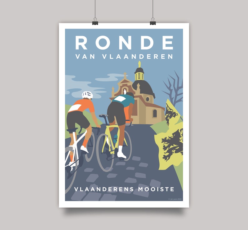 Ronde Van Vlaanderen poster style art print. Colourful cycling Illustration of riders on the Muur Van Geraardsbergen in Flanders Belgium. Tour of Flanders print.