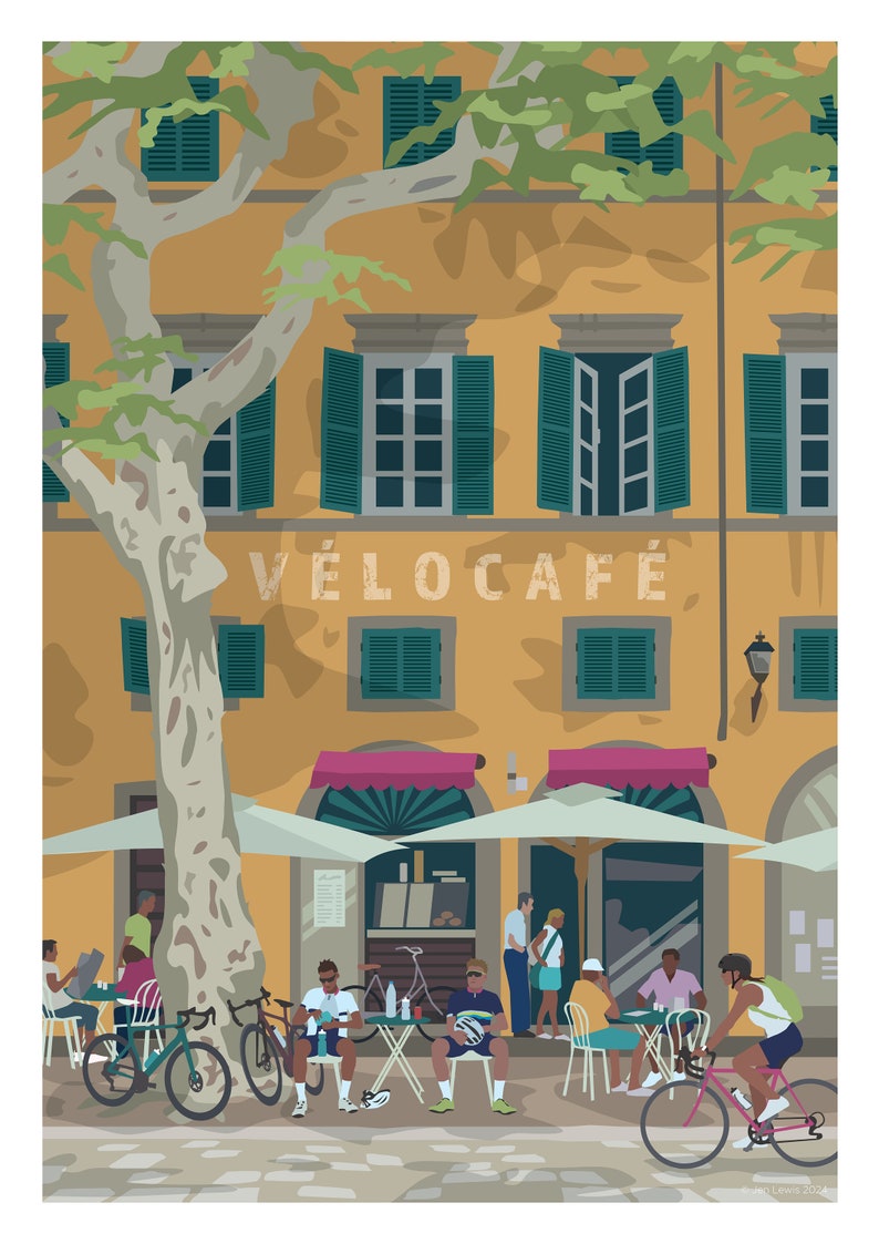 An evocative print of a sun-dappled European Cafe, with yellow wall, pink awnings and green shutters. A grey bark tree framing the image. People are sitting at tables including two male cyclists who have stopped for a break. Female cyclist riding by.