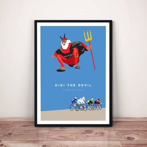 Impresión de ciclismo del Tour de Francia • Arte mural de un fanático del ciclismo de Didi el Diablo saltando de alegría • Ilustración de póster de TDF Peloton y Didi el Diablo