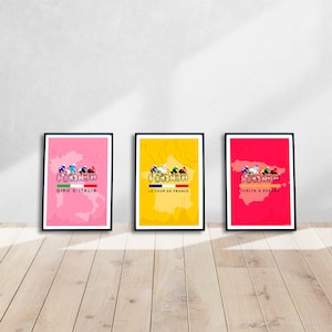 I Grandi Giri - Set grafico - 3 stampe ciclistiche • Set di stampe da parete per ciclisti Grand Tours • Tour de France, Vuelta a España e Giro d'Italia