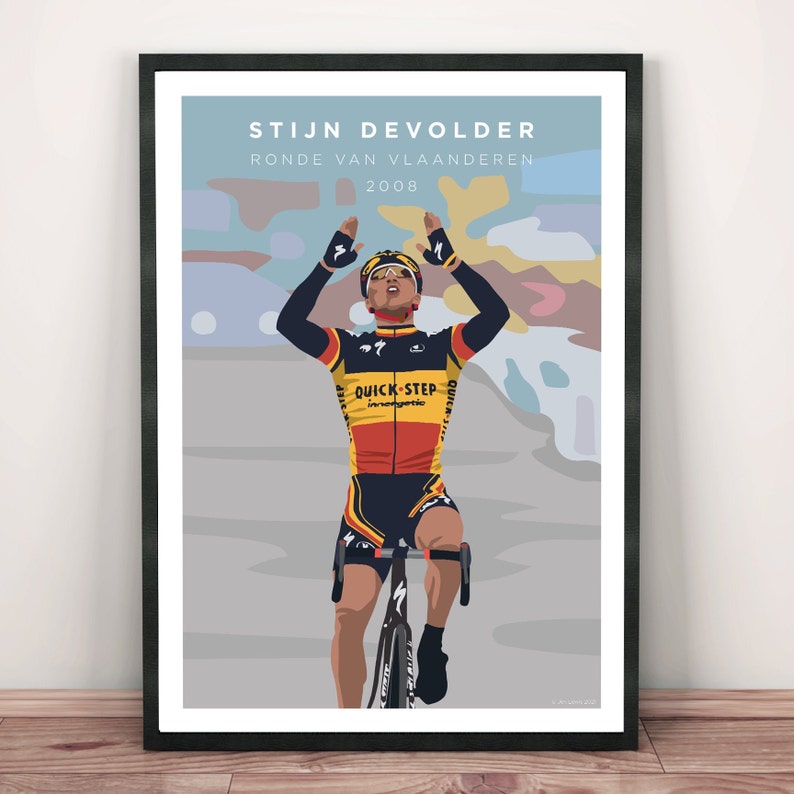 Stijn Devolder Ronde Van Vlaanderen illustration art print showing the cyclist winning the race with his hands in the air.