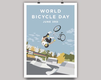 Wereldfietsdag - BMX Freestyle Cycling Print • BMX Bike Rider op UCI Event Artwork • Fietser die Jump Poster Art uitvoert