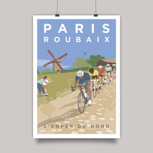 Paris Roubaix cycling art print. Colourful illustration of riders on the cobbles with a windmill and helicopter in the background.