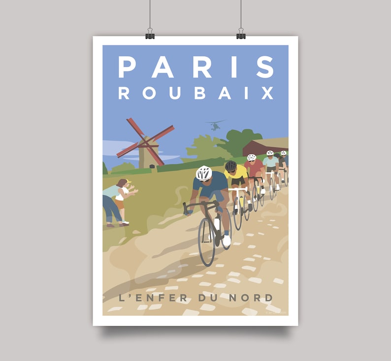 Paris Roubaix cycling art print. Colourful illustration of riders on the cobbles with a windmill and helicopter in the background.