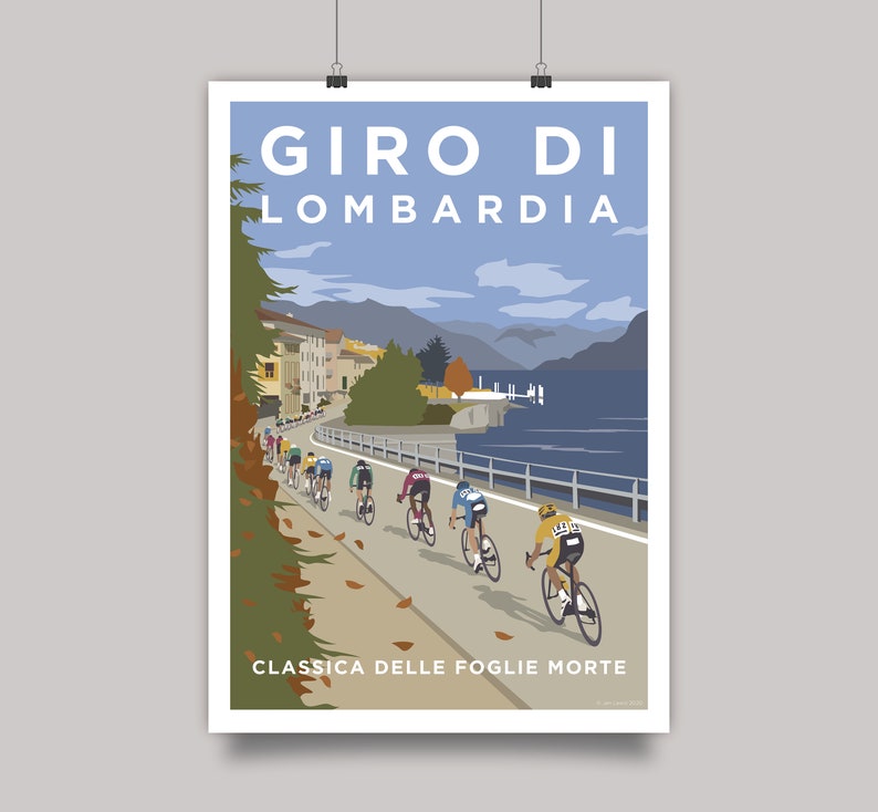Giro di Lombardia art print showing riders at Lake Como in Italy.