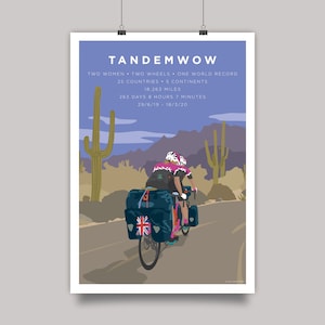 TandemWoW Guinness World Record Holders Cycling Print showing the women tandem cyclists riding through a desert with cacti and mountains on their world record breaking challenge.