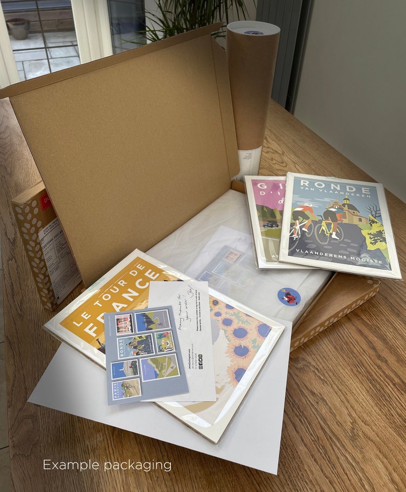 Example of packaging used by JensCyclingArt. Prints shown in plastic-free cello envelopes and tissue paper ready for packing into eco-friendly cardboard boxes, envelopes or postal tubes. Handwritten note from seller and free postcard included.