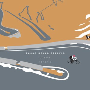 May include: An abstract illustration of a cyclist on a winding road, with the text "Passo Dello Stelvio 2760 m 13/9/17". The artwork features a colour palette of grey, orange, and white, depicting a mountain pass.