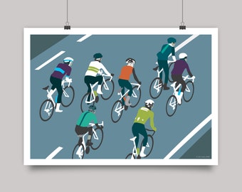 Peloton Riders Cycling Print • Cyclists Riding in a Bunch Art Poster • Colourful Cycle Illustration Print