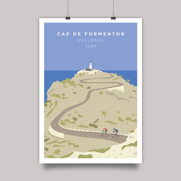 Cap De Formentor Mallorca Cycling Print • Mallorca Cyclist Wall Art Gift • Majorca Cycling Couple Riding to the Lighthouse Poster Artwork