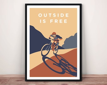 Mountain Bike Giclée Print: 'Outside is Free' Cycling Art