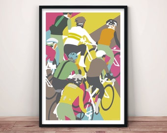 Kleurrijke wielerkunstafdruk: Fine Art-poster wielrenner